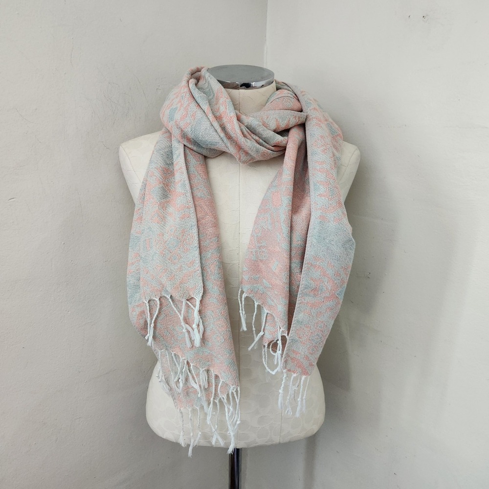 Pink Green Damask Pashmina Scarf Tassel Fringe Wrap Shawl
